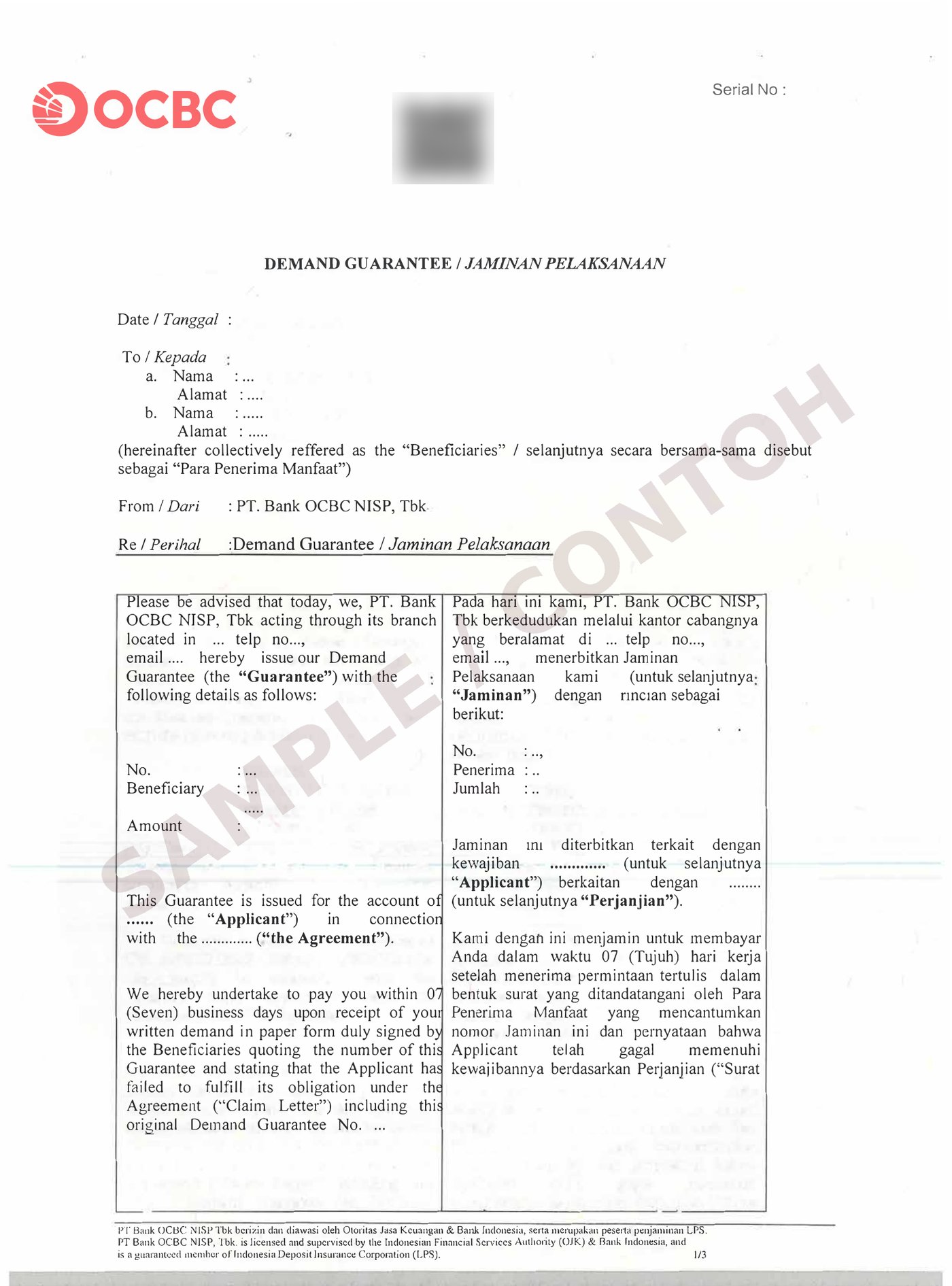 Sample bank guarantee document, page 1, marked sample