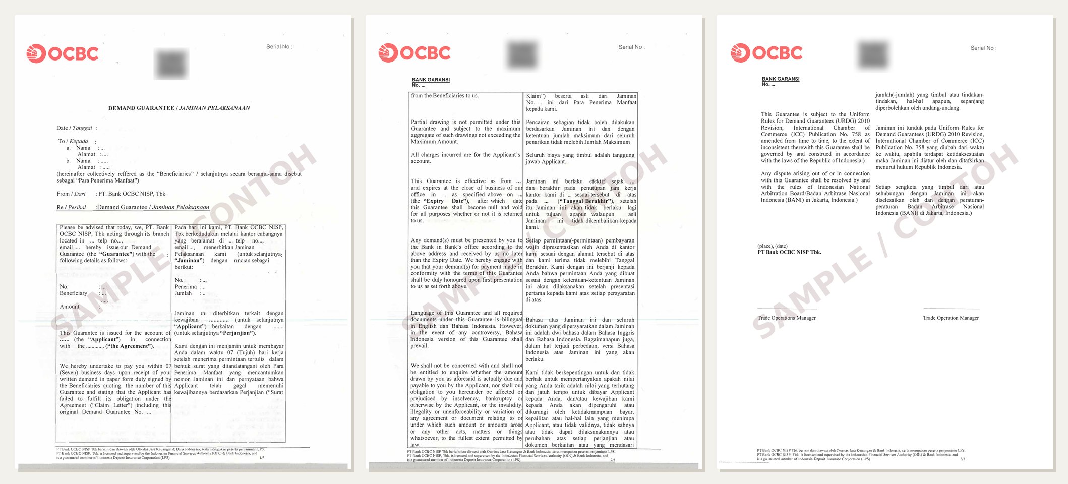 Three pages of a sample bank guarantee document, marked sample